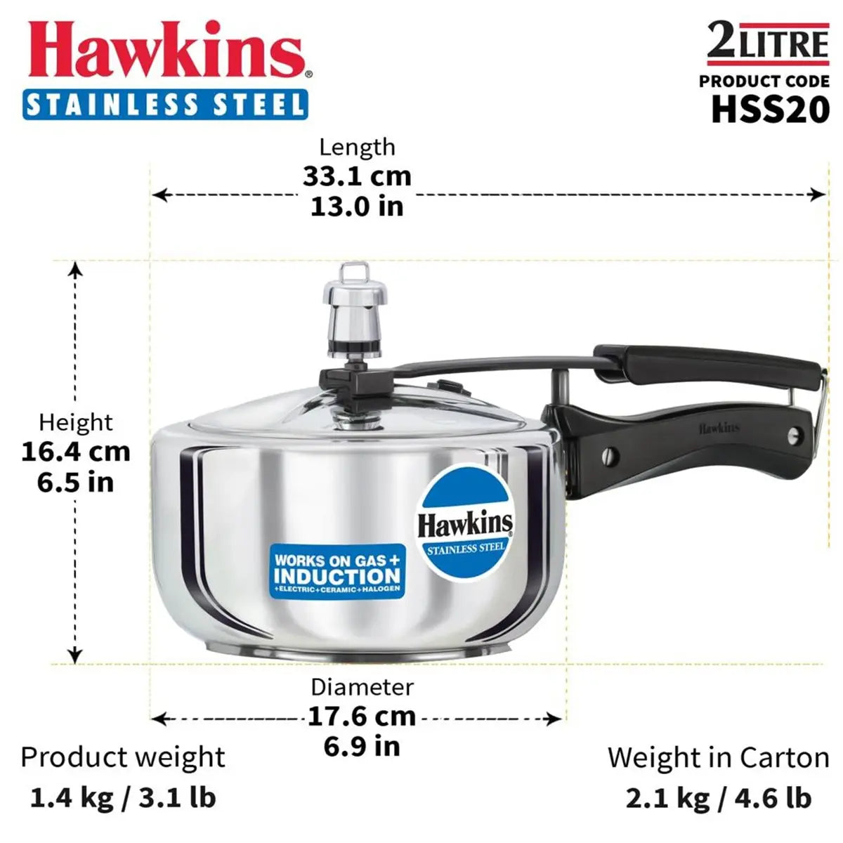 Hawkins Stainless Steel Pressure Cooker 2L