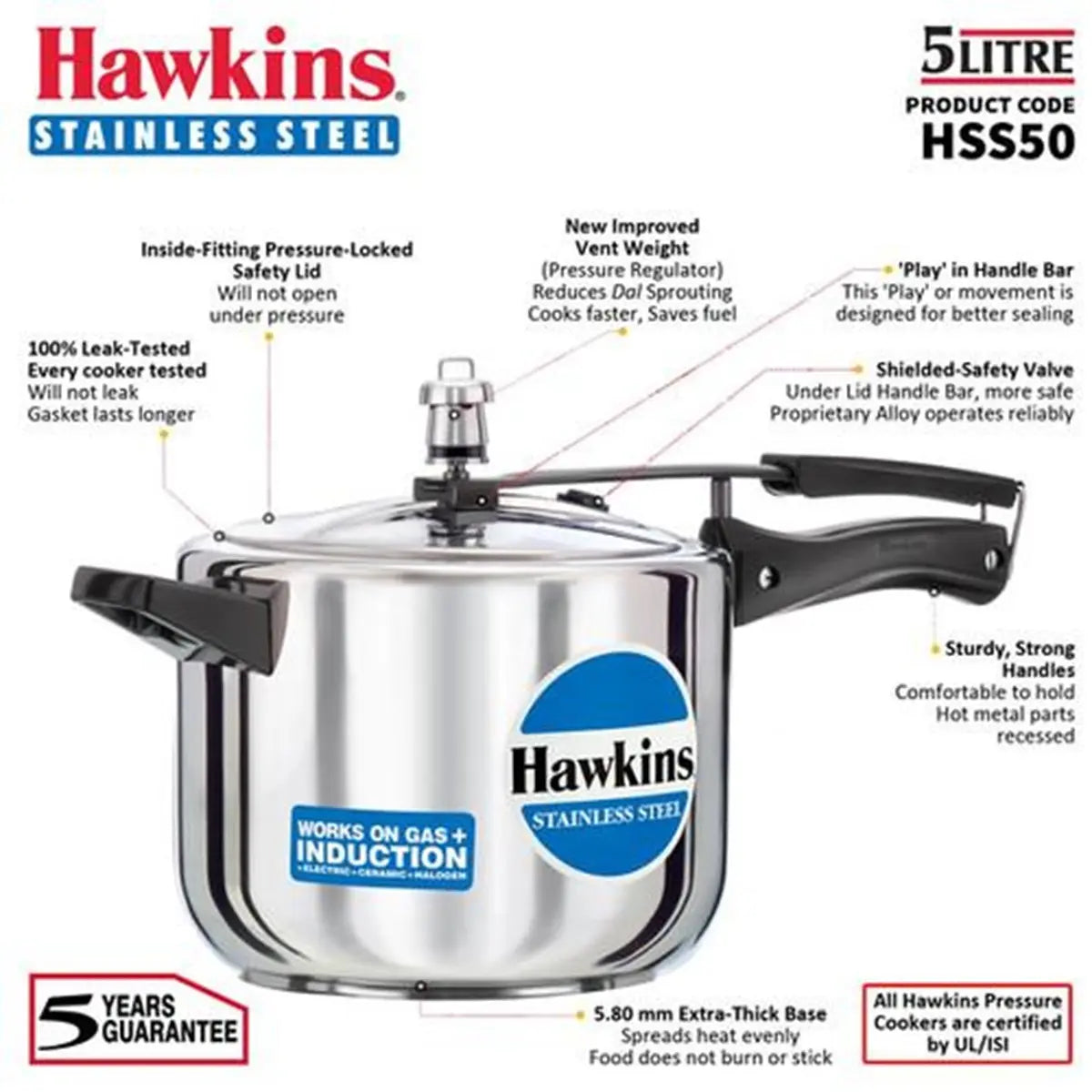 Hawkins Stainless Steel Pressure Cooker 5L