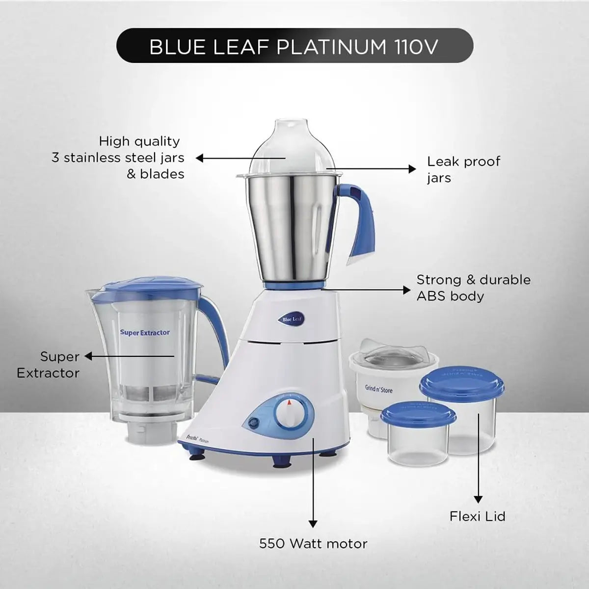 Preethi Blue Leaf Platinum 110V Mixer Grinder - 550W - 3 Jars + 2 Containner