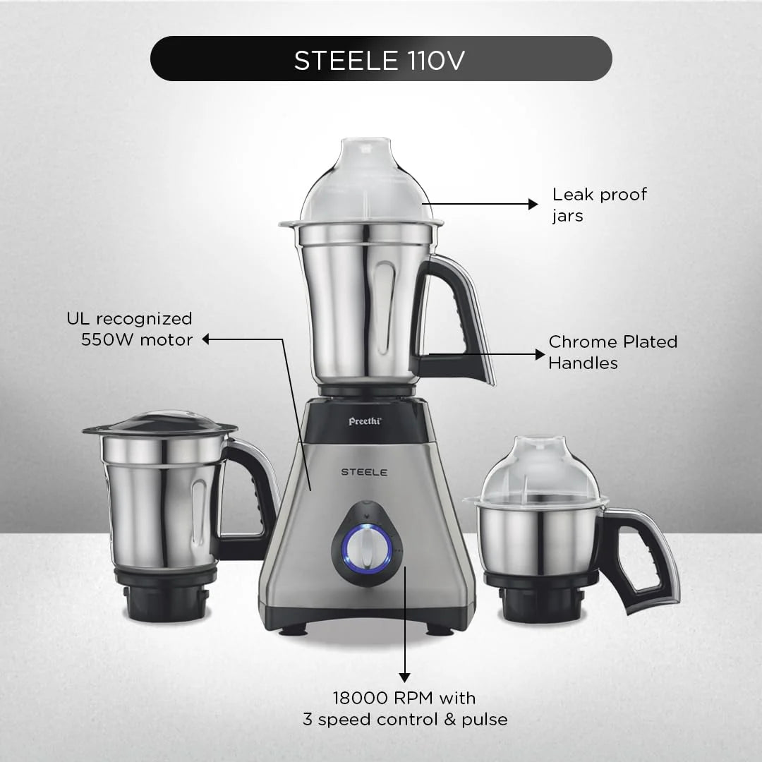 Preethi Steele Supreme Mixer Grinder (550W) - 3 Jars