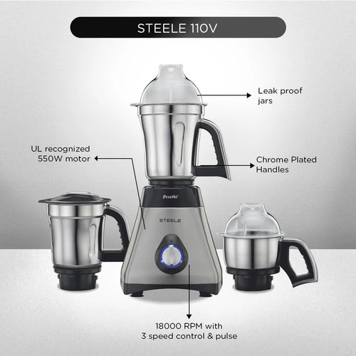 Preethi Steele Supreme Mixer Grinder (550W) - 3 Jars