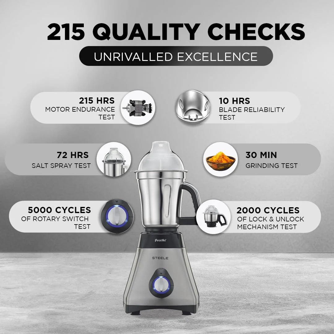 Preethi Steele Supreme Mixer Grinder (550W) - 3 Jars