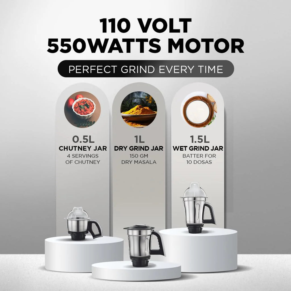 Preethi Steele 110V Mixer Grinder (550W) - 3 Jars
