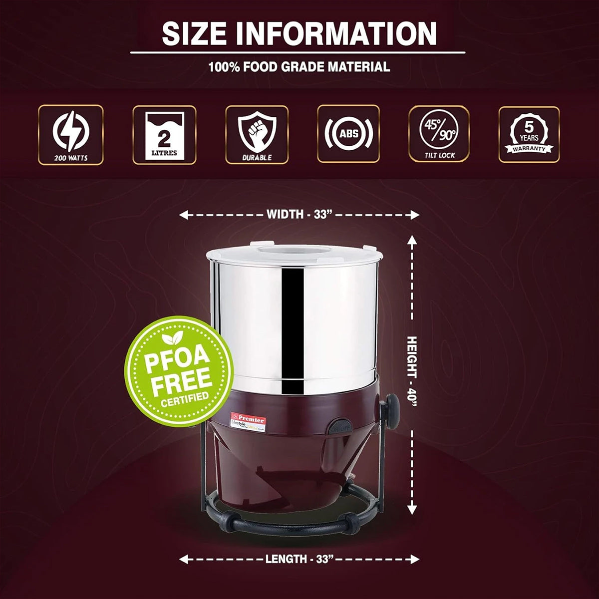 Premier LifeStyle Table Top Tilting 2 ltr Wet Grinder