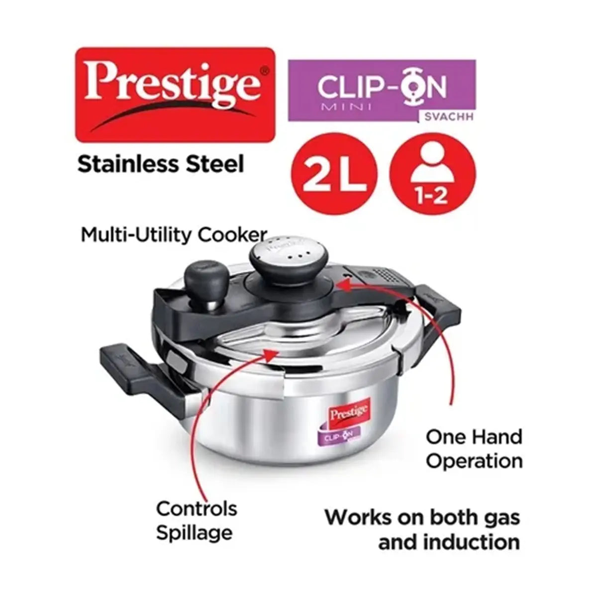 Prestige Clip-On Mini Svachh Stainless Steel Pressure Cooker 2L