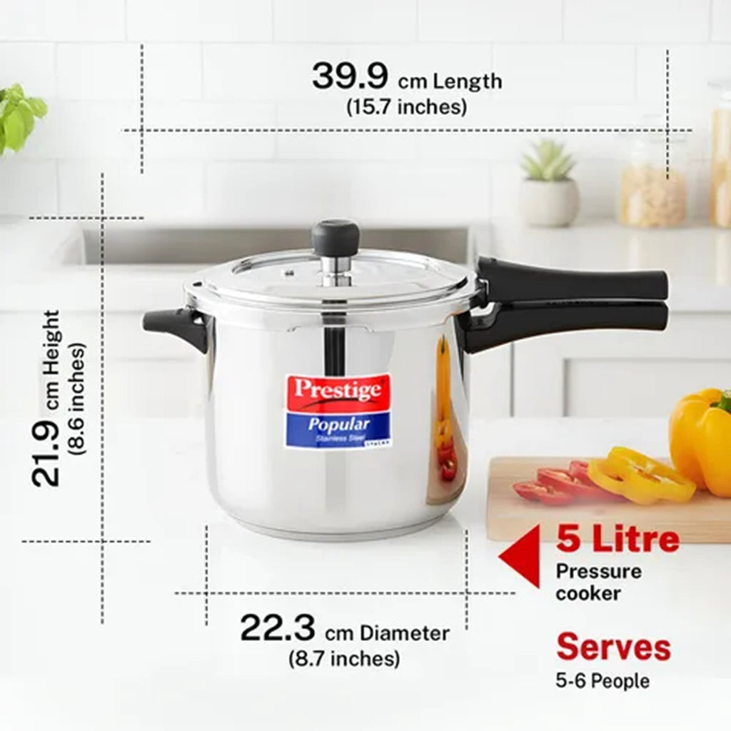 Prestige Popular Stainless Steel Pressure Cooker with Spillage Control Lid 5L