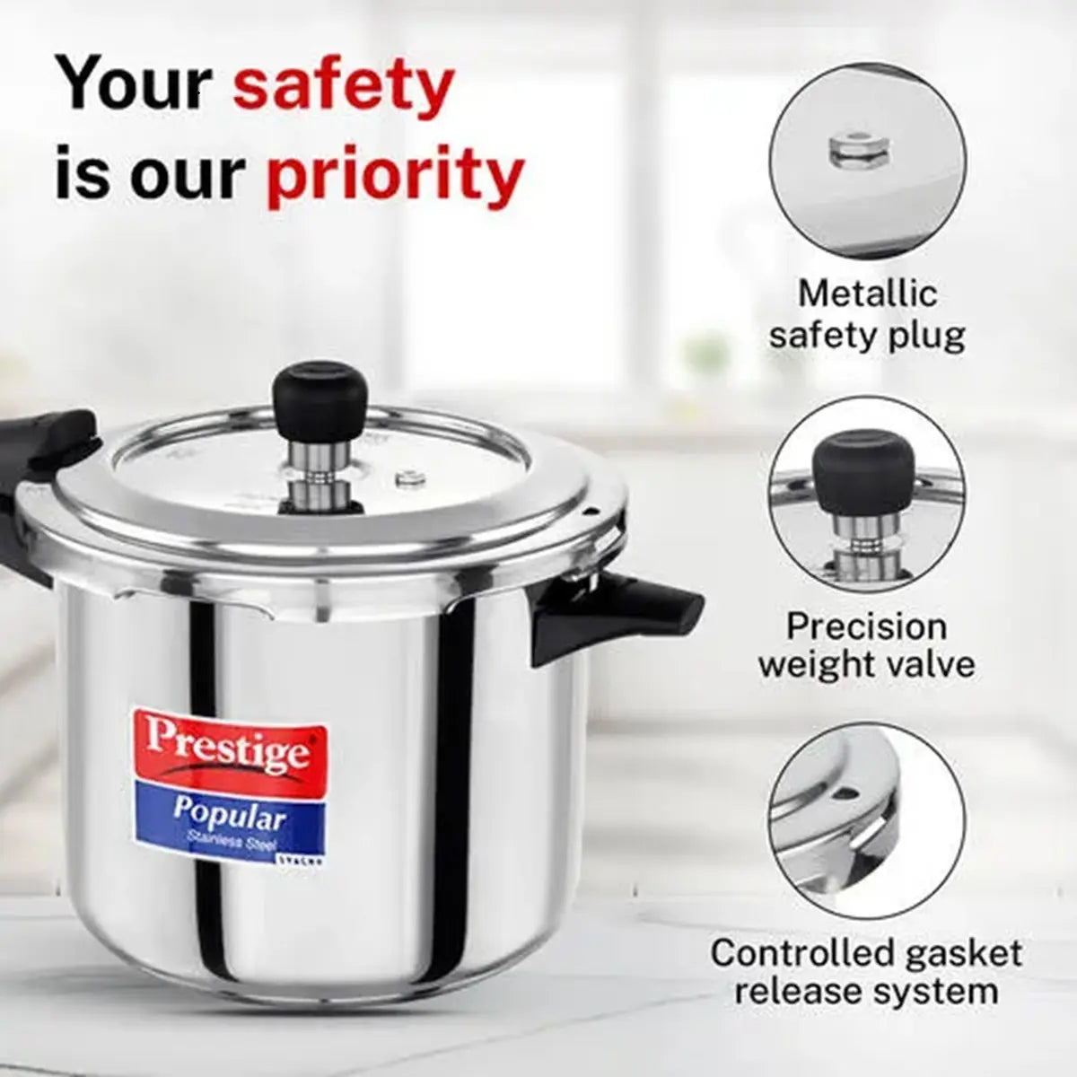 Prestige Popular Stainless Steel Pressure Cooker with Spillage Control Lid 5L