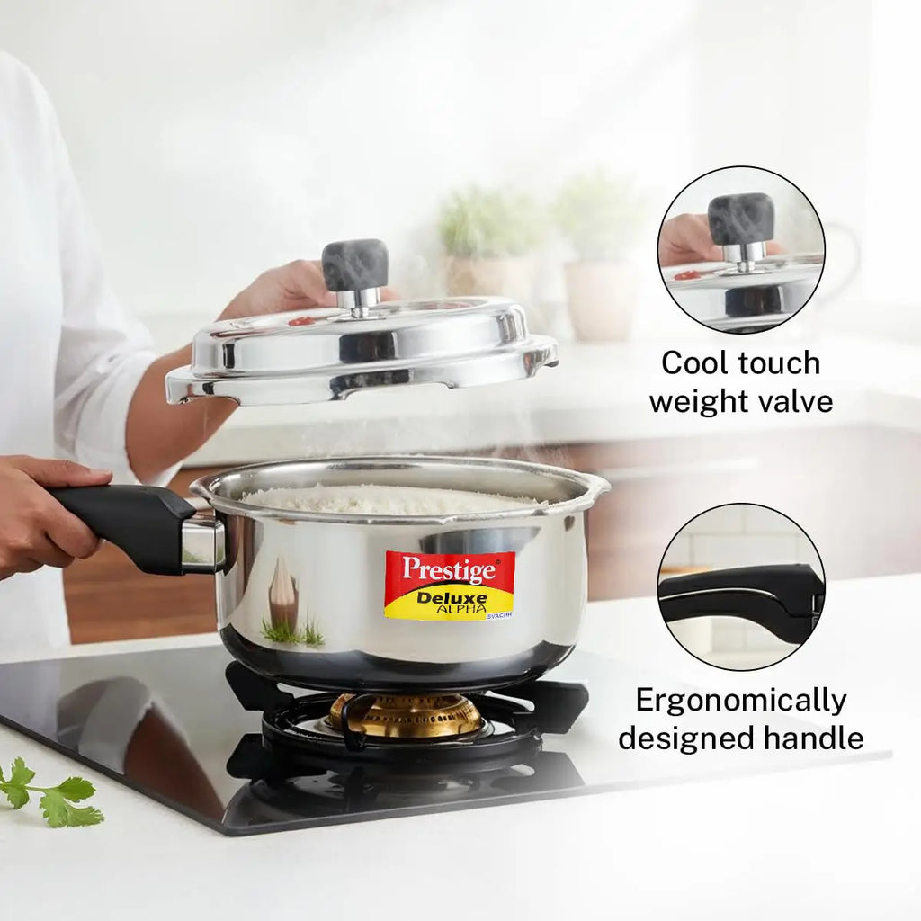Prestige Stainless Steel Pressure Cooker - 2 Litre | Deluxe Alpha Svachh Outer Lid