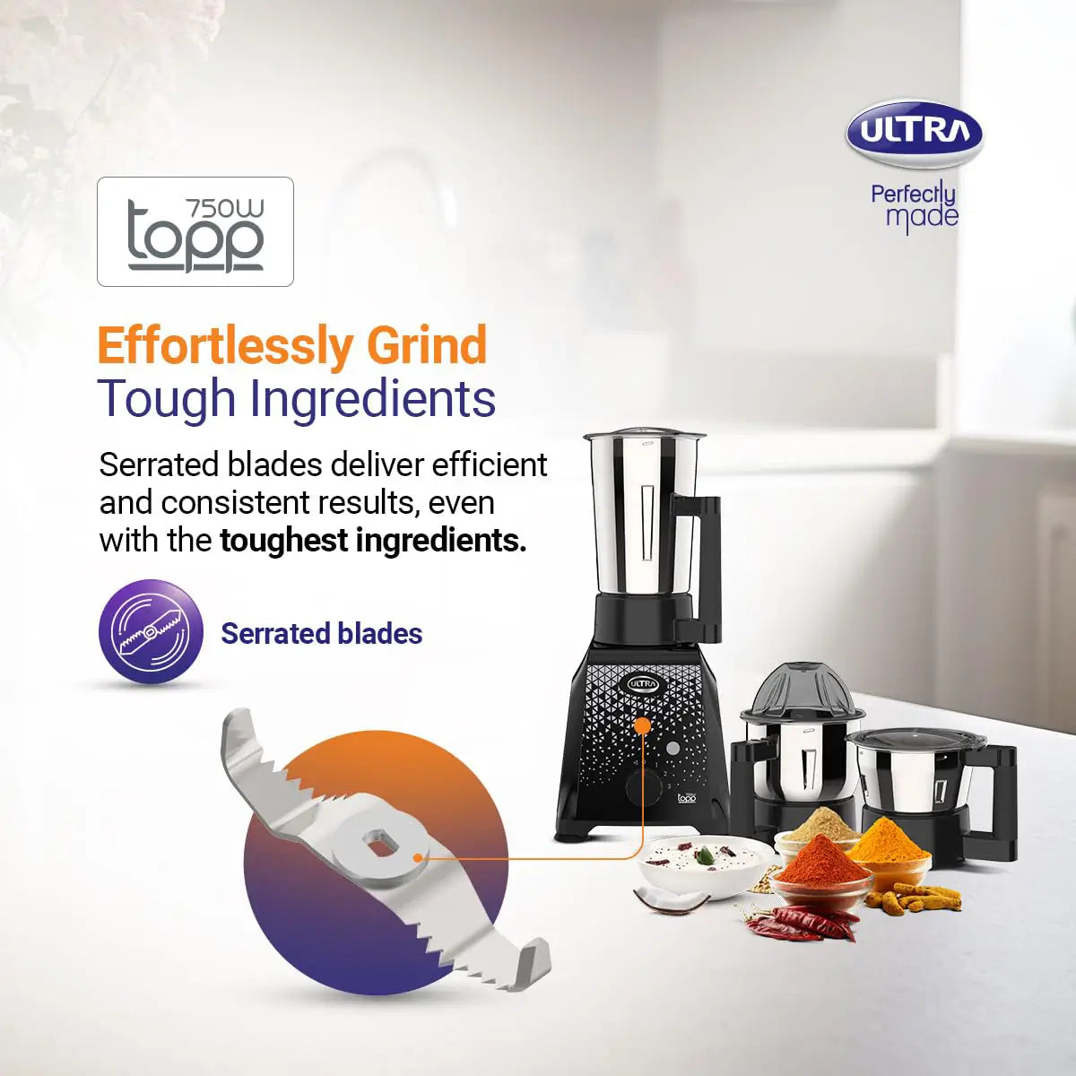 ULTRA Topp Blue 750 W Mixer Grinder | 3 Jars)